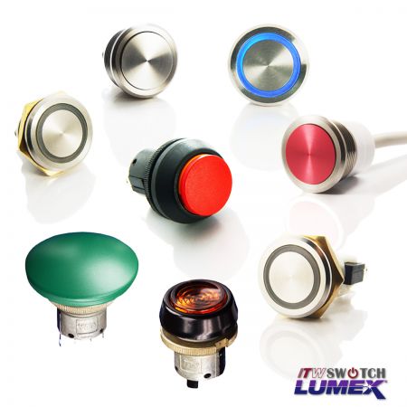 Interruttori a pulsante da 22 mm - Il pulsante con ritaglio del pannello da 22 mm passa daITW Lumex Switchsono disponibili in una vasta selezione di design.
